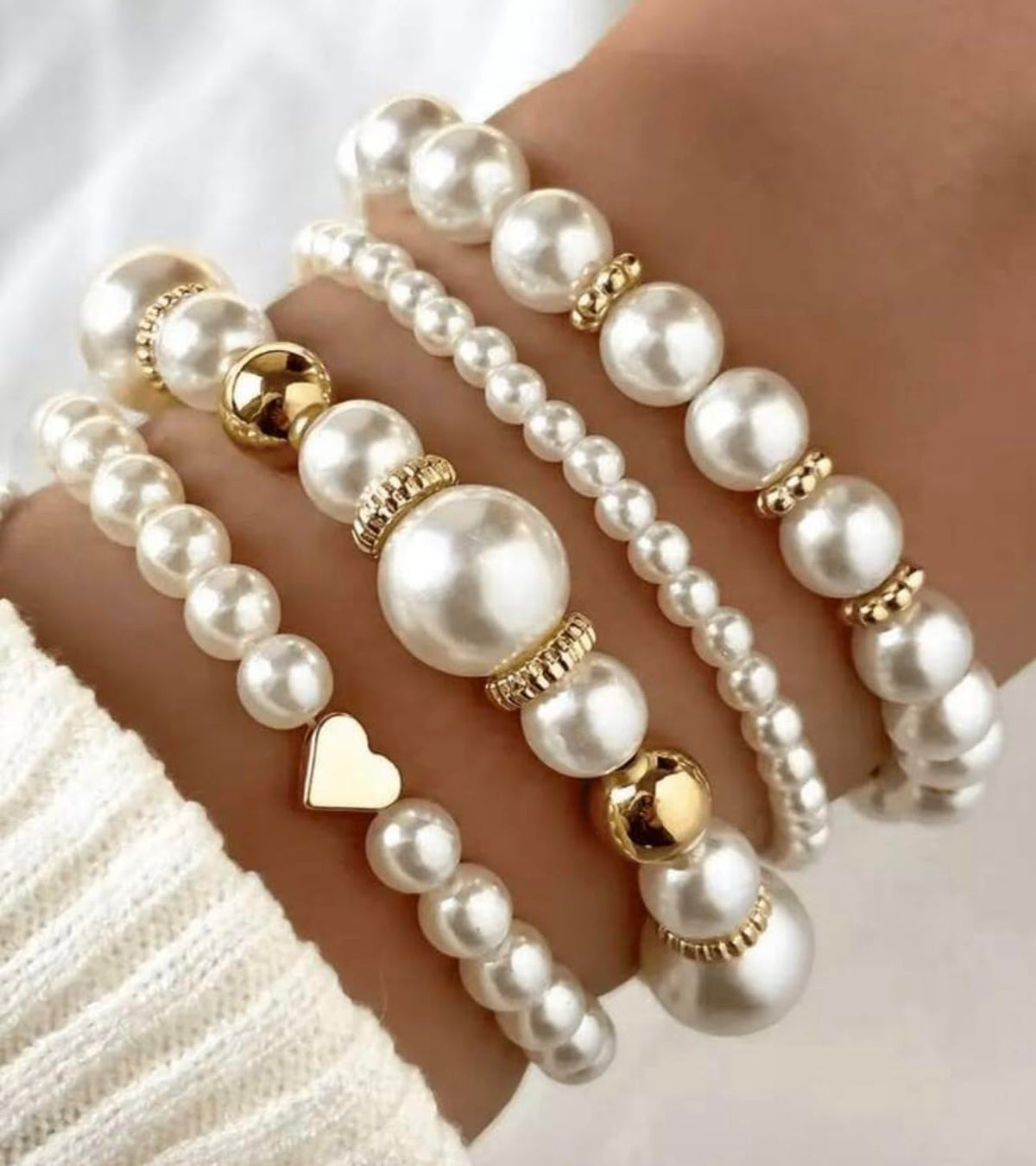 Faux Pearl and Gold Beaded Bracelet Set