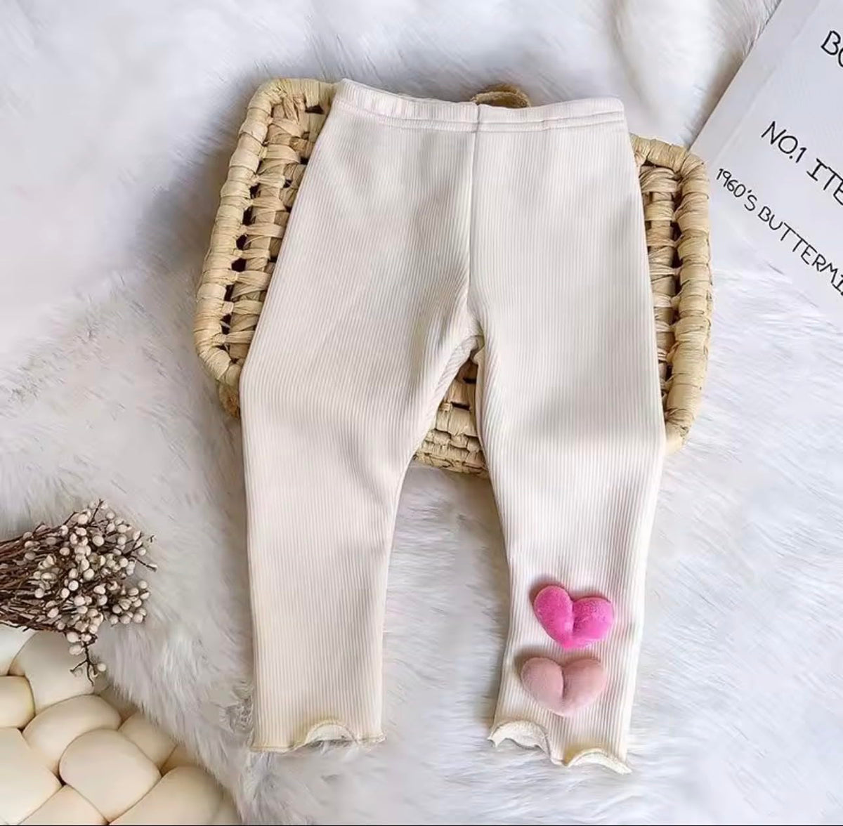 Girls Ribbed Legging with 3D Plush Heart Detail, Fleece-Lined, Warm Winter Pants, Lettuce Hem