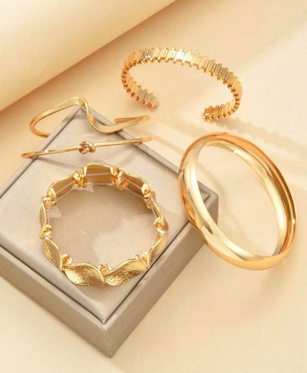 Gold Tone Bracelet Set of 5, Mixed Styles Bangles and Cuffs