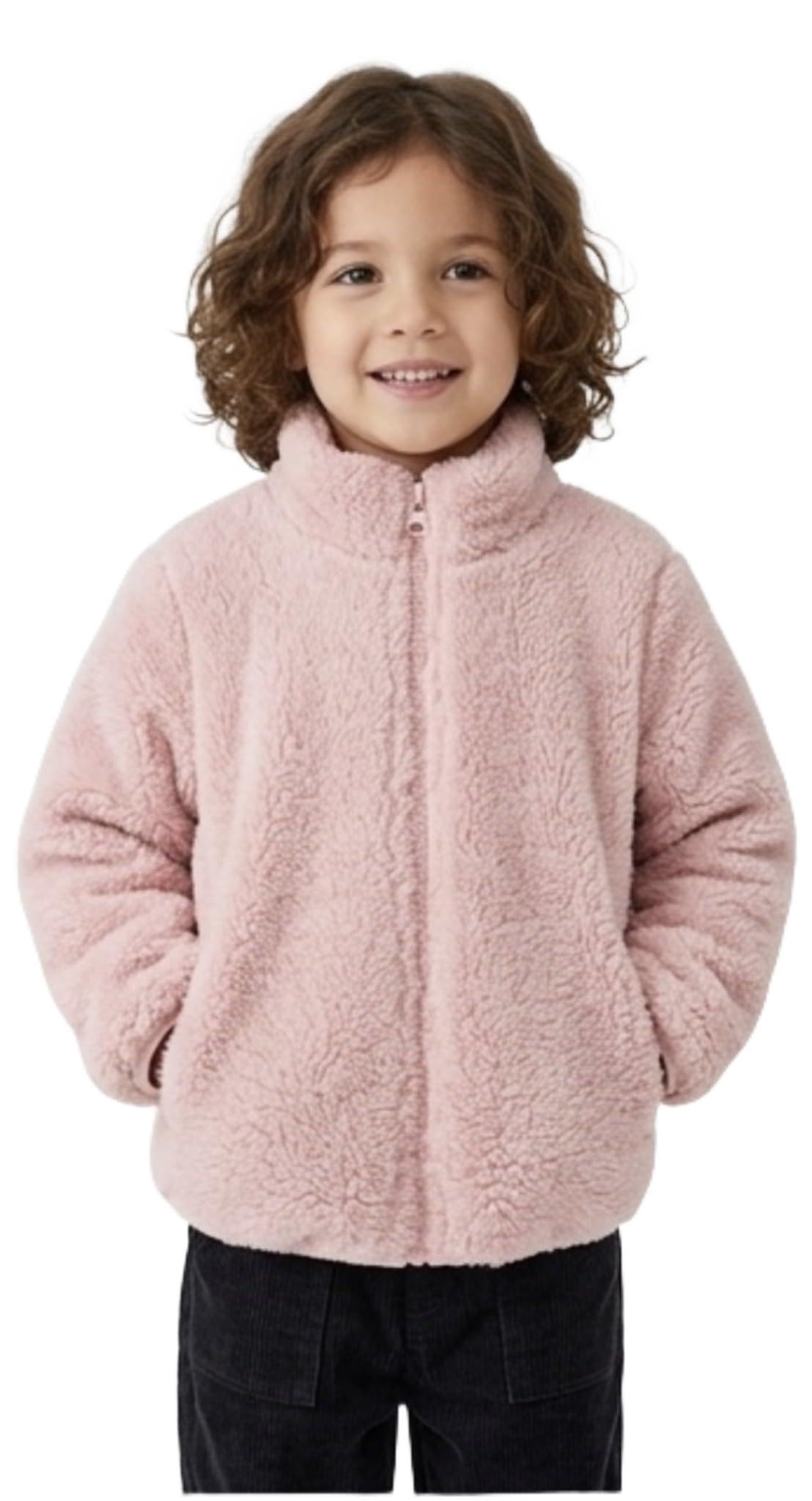 Kids Fluffy Sherpa Zip-Up Jacket, Toddler Winter Warm Coat, Stand Collar, Pink and Blue