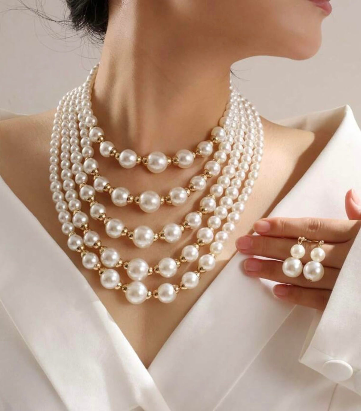 Women's Multi-Strand Pearl Necklace and Earrings Set