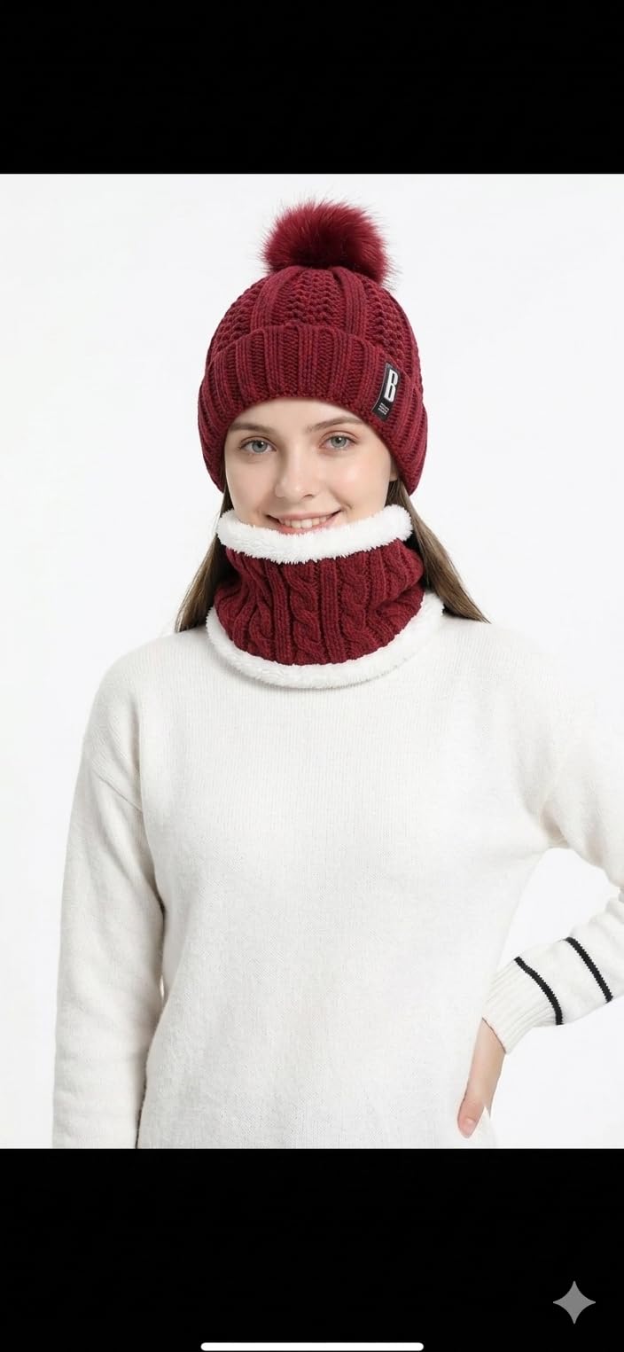 Women's Winter Knit Beanie Hat and Neck Warmer Set, Pom Pom Cap with Fleece-Lined Snood, One Size, Wine Red
