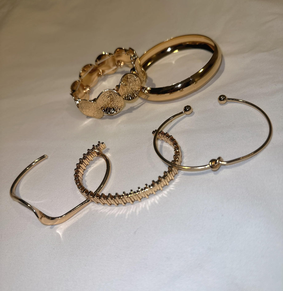 Gold Tone Bracelet Set of 5, Mixed Styles Bangles and Cuffs
