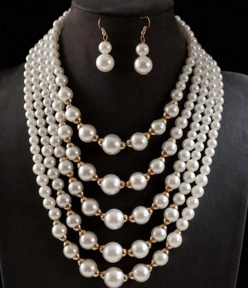 Women's Multi-Strand Pearl Necklace and Earrings Set