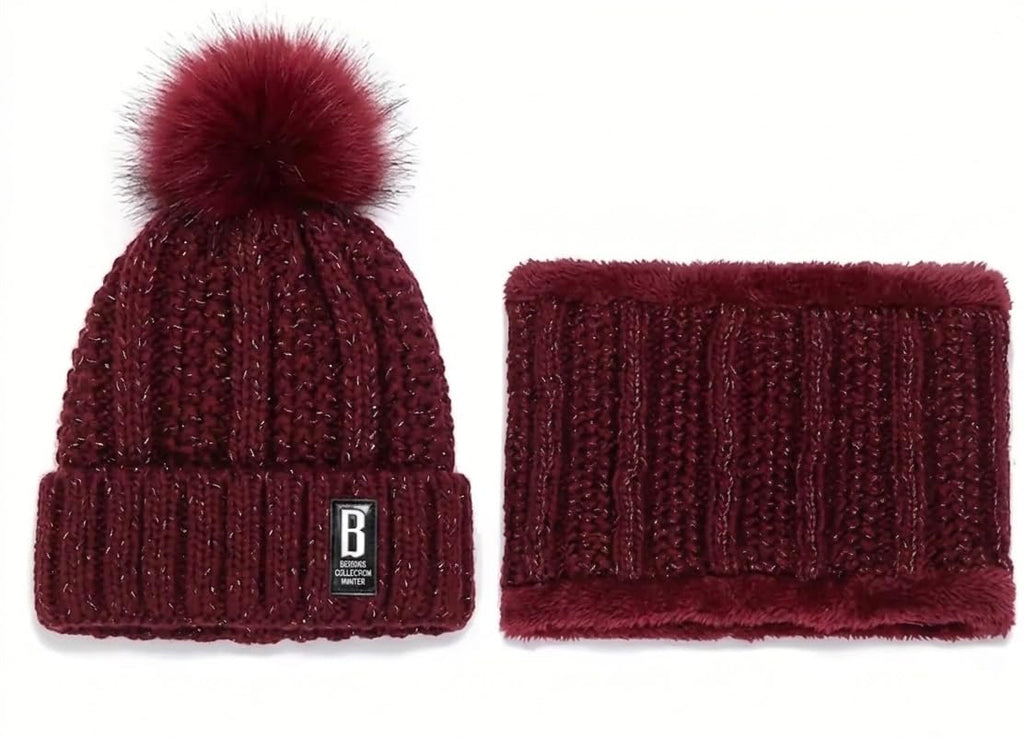 Women's Winter Knit Beanie Hat and Neck Warmer Set, Pom Pom Cap with Fleece-Lined Snood, One Size, Wine Red