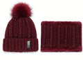 Women's Winter Knit Beanie Hat and Neck Warmer Set, Pom Pom Cap with Fleece-Lined Snood, One Size, Wine Red