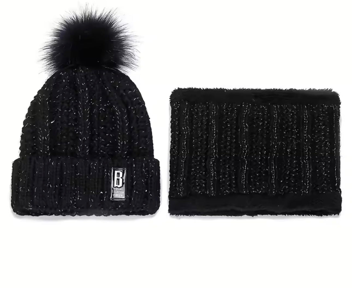 Women's Winter Knit Beanie and Neck Warmer Set, Black
