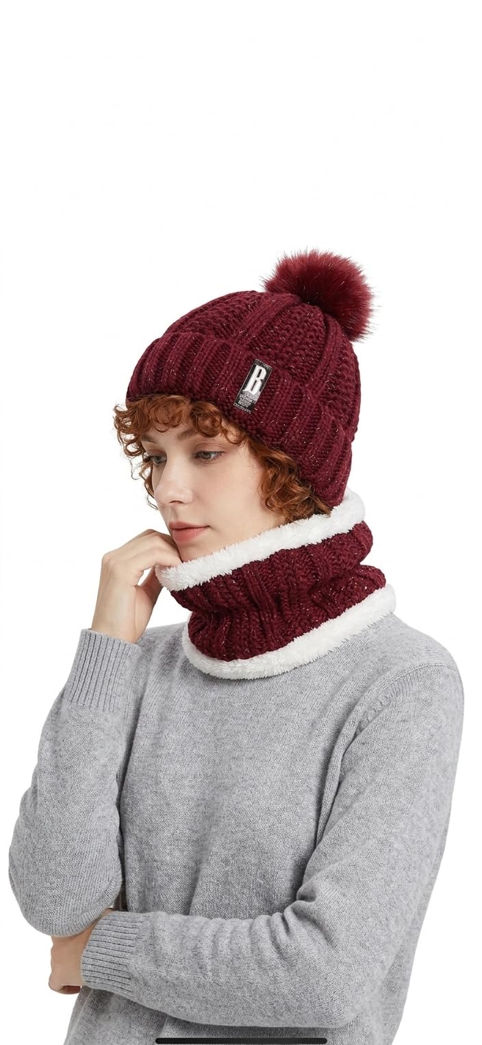 Women's Winter Knit Beanie Hat and Neck Warmer Set, Pom Pom Cap with Fleece-Lined Snood, One Size, Wine Red