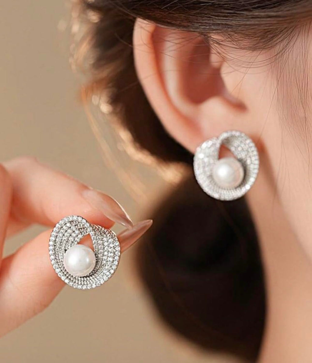 Pearl Centre Swirl Crystal Stud Earrings Silver Tone
