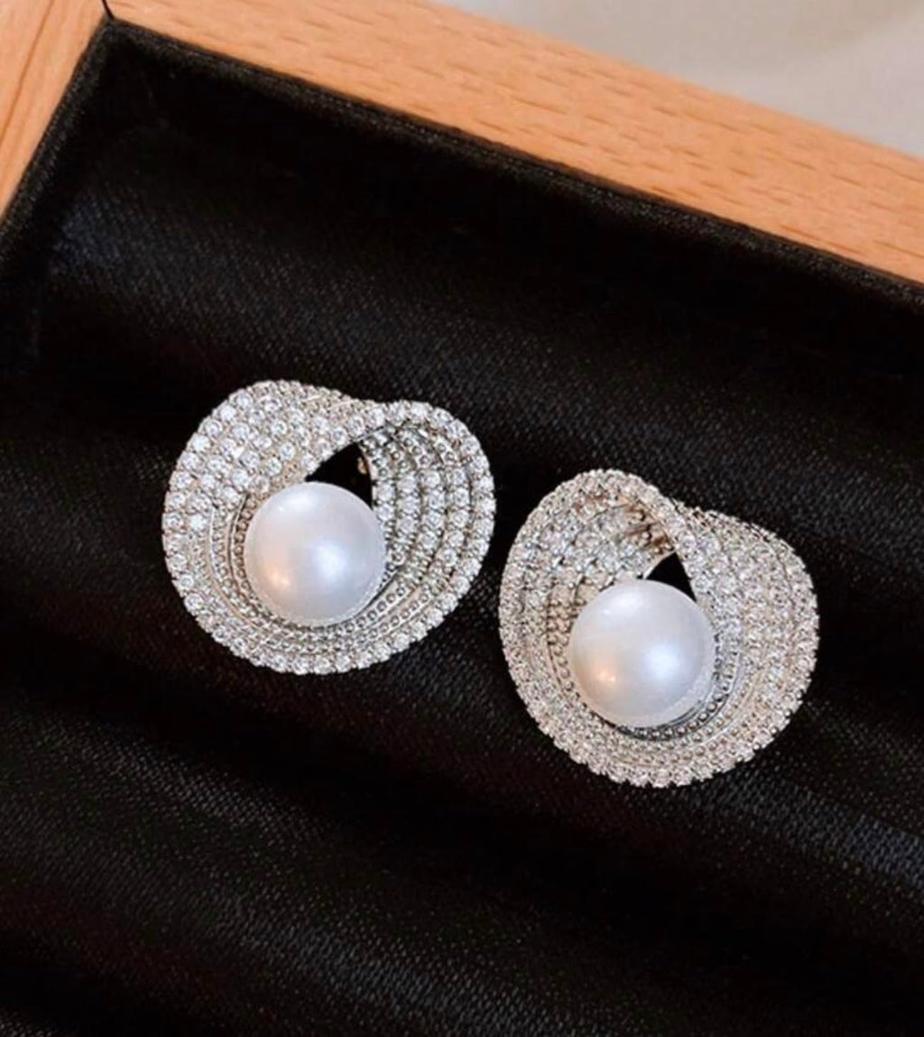 Pearl Centre Swirl Crystal Stud Earrings Silver Tone
