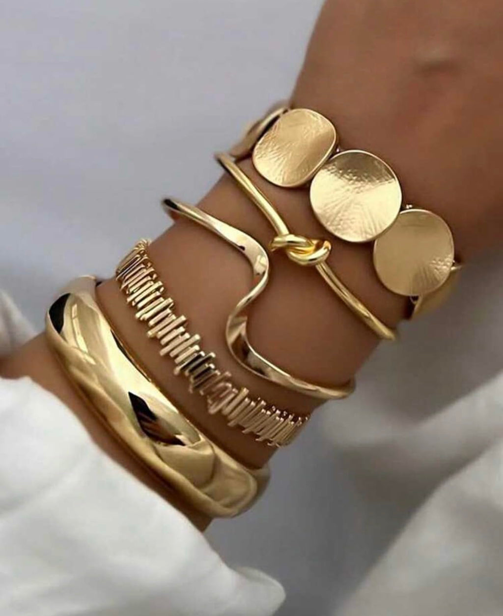 Gold Tone Bracelet Set of 5, Mixed Styles Bangles and Cuffs
