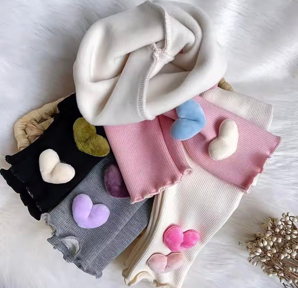Girls Ribbed Legging with 3D Plush Heart Detail, Fleece-Lined, Warm Winter Pants, Lettuce Hem