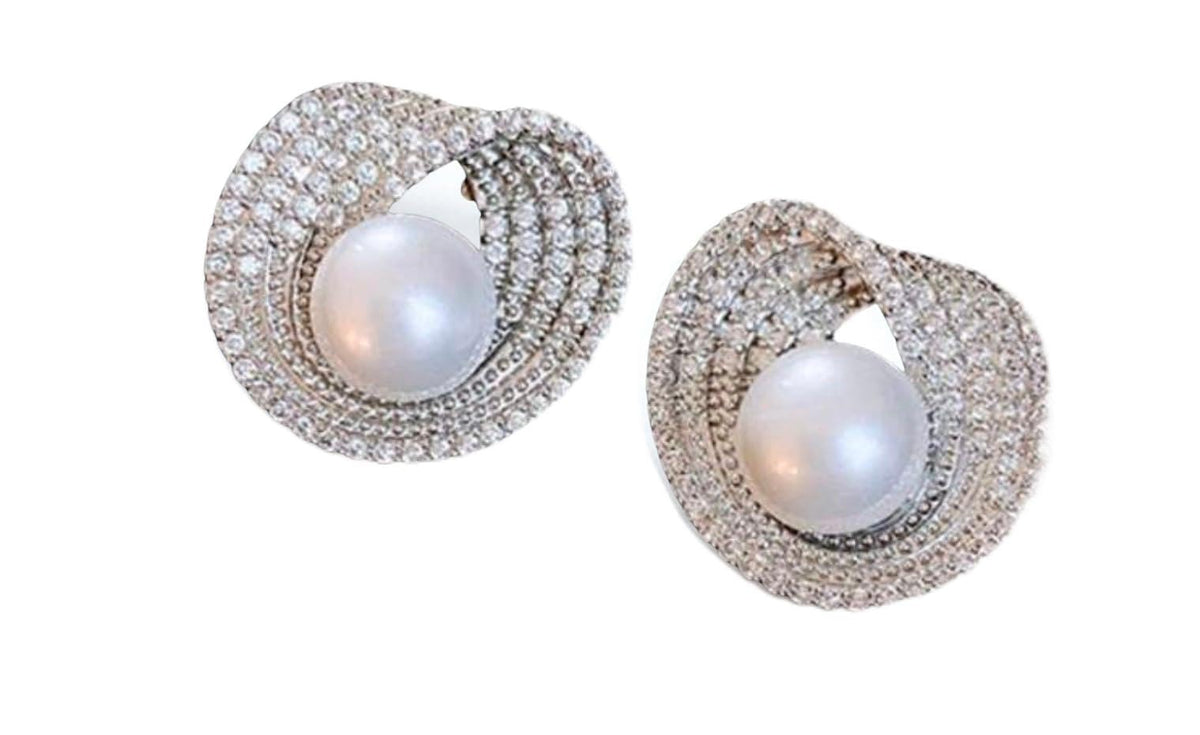 Pearl Centre Swirl Crystal Stud Earrings Silver Tone