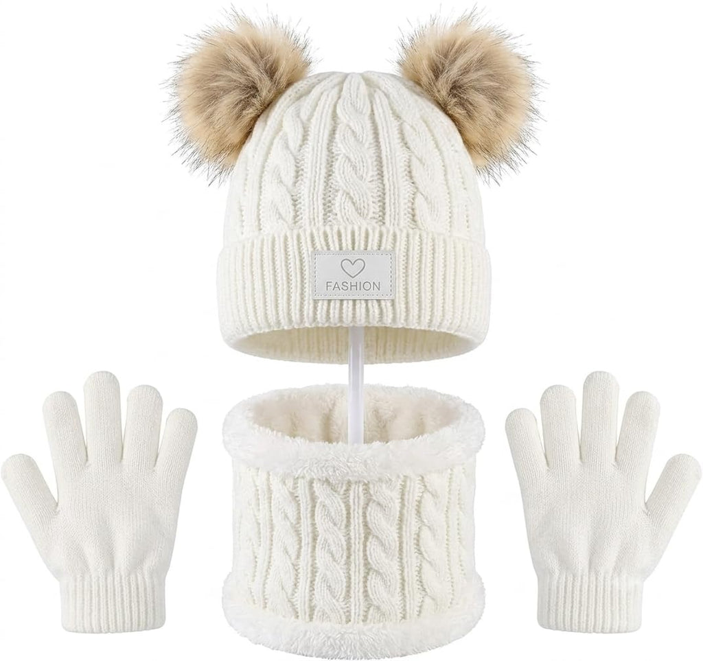 Baby Winter Knit Beanie Set, Black, Double Pom Pom Hat with Neck Warmer and Gloves, 3 Piece
