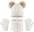 Baby Winter Knit Beanie Set, Black, Double Pom Pom Hat with Neck Warmer and Gloves, 3 Piece