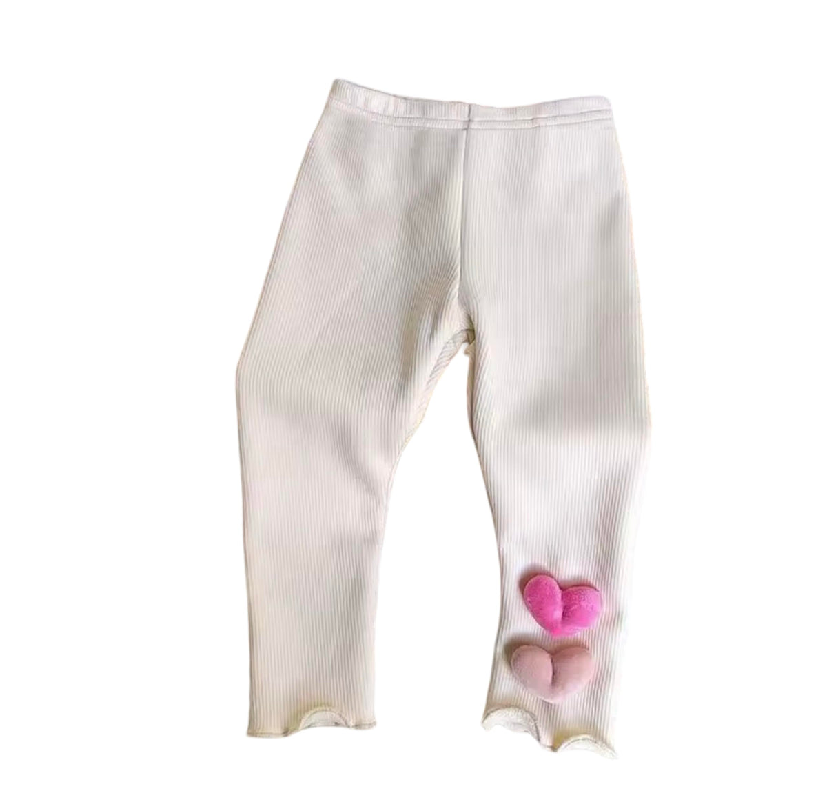Girls Ribbed Legging with 3D Plush Heart Detail, Fleece-Lined, Warm Winter Pants, Lettuce Hem